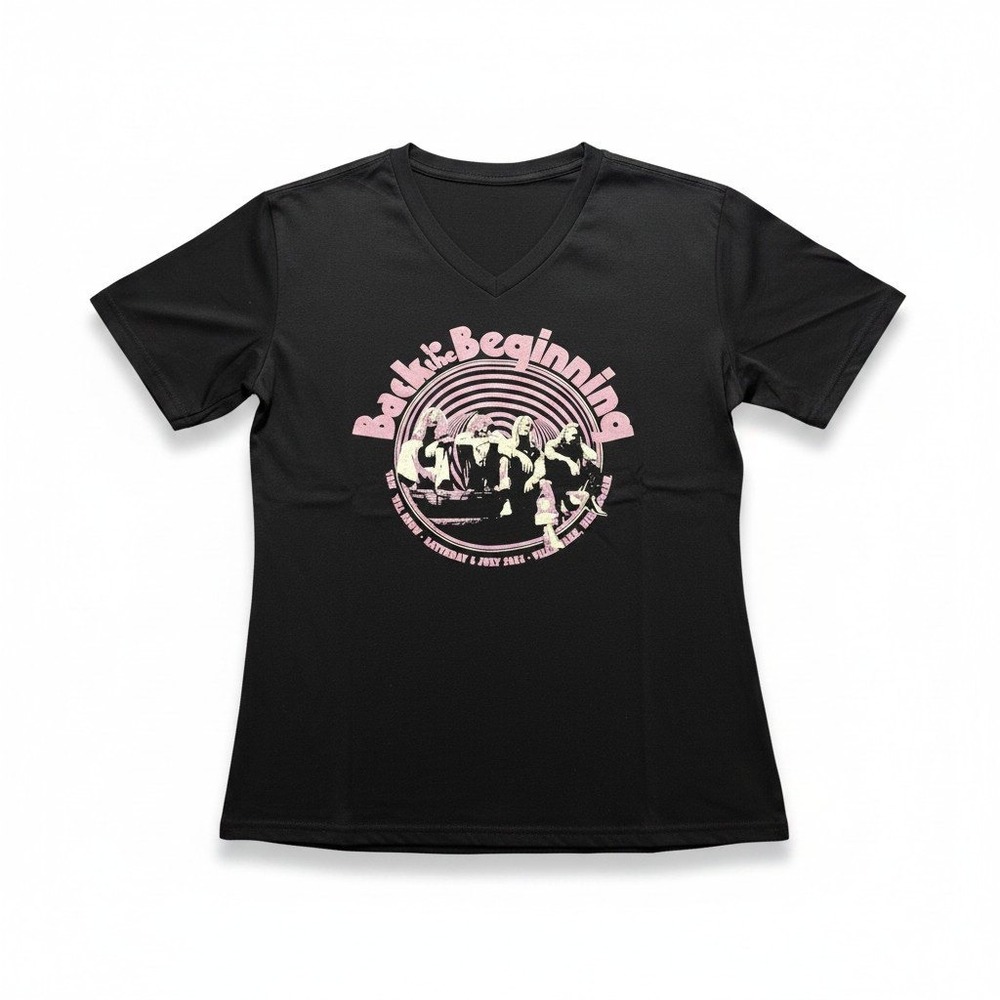 Women L Black Back to the Beginning Concert Graphic V-Neck T-Shirt Vintage Style